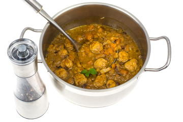 Casserole thick vegetable soup with lentils and meatballs
