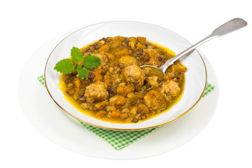 Vegetable lentil soup with meatballs
