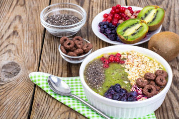 Detox menu with fresh fruit, chia seeds and cereal for breakfast. Healthy food