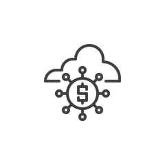 Dollar cloud network outline icon. linear style sign for mobile concept and web design. Dollar service cloud computing simple line vector icon. Symbol, logo illustration.