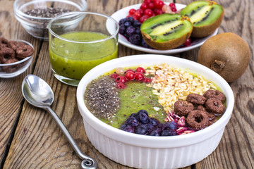 Detox menu with fresh fruit, chia seeds and cereal for breakfast. Healthy food