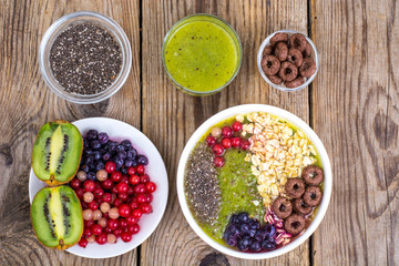 Detox menu with fresh fruit, chia seeds and cereal for breakfast. Healthy food