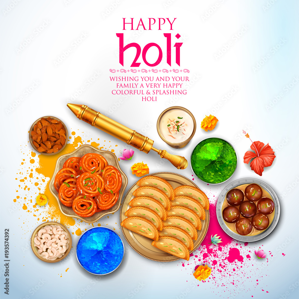 Sticker Powder color gulal and gujiya sweet with thandai for Happy Holi Background