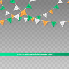 Vector seamless border with paper party banner of flags in the colors of the Irish flag with clovers. Holiday garlands for design of cards, flyers for St. Patrick’s day. Isolation from the background.