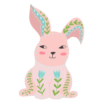 Illustration with rabbit and flowers in a Scandinavian style. Folk art.