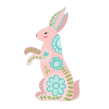 Illustration with rabbit and flowers in a Scandinavian style. Folk art.