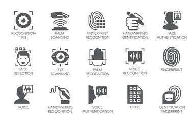 Set of 15 flat icons - biometric authorization, identification and verification symbols. Fingerprint recognition, eye and palm scanning, face and voice authentication. Vector illustration isolated