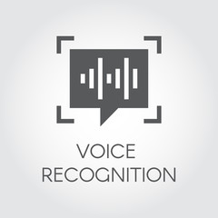 Voice recognition black flat icon. Intelligent audio identification technology, sound verification. Chat panel and soundwave glyph sign. Logo for websites, mobile apps and other design needs. Vector