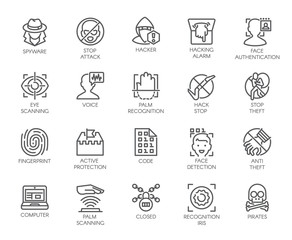 20 icons of virtual protection, cyberattacks, hacking, modern scan authentication theme. Contour symbols of web protection and recognition. Set of outline vector signs isolated on white background