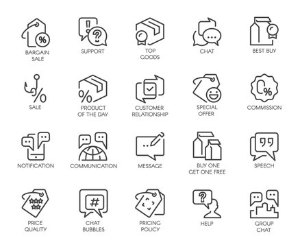 Set of 20 line icons for online or offline stores, shopping, booking sites and mobile apps, comments or message chat bubbles, support and other symbols. Graphic contour logo isolated