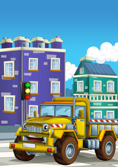 Fototapeta na wymiar cartoon scene with industrial cargo truck in the city smiling and looking - illustration for children