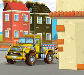 cartoon scene with industrial cargo truck in the city smiling and looking - illustration for children