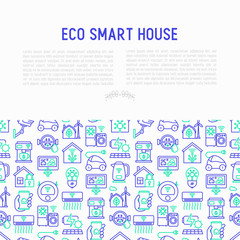 Eco smart house concept with thin line icons: solar battery, security, light settings, appliances, artificial intelligence, electrocar. Energy saving and new technologies vector illustration.