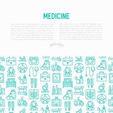 Medicine concept with thin line icons: doctor, ambulance, stethoscope, microscope, thermometer, hospital, z-ray image, MRI scanner, tonometer. Modern vector illustration for medical survey, report.