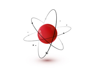 Red atom with core, orbits and electrons isolated on white background - obrazy, fototapety, plakaty
