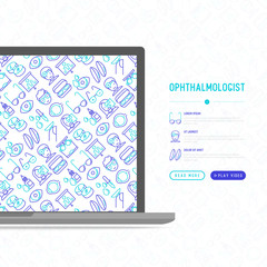 Ophthalmologist concept with thin line icons: glasses, eyeball, vision exam, lenses, eyedropper, spectacle case. Modern vector illustration for banner, print media, web page.