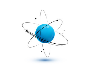 Atom with core, orbits and electrons isolated on white background - obrazy, fototapety, plakaty