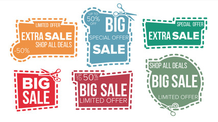 Obraz premium Sale Banners Set Vector. Cut Border. Cutout Template. Shopping Icons. Flat Isolated Illustration