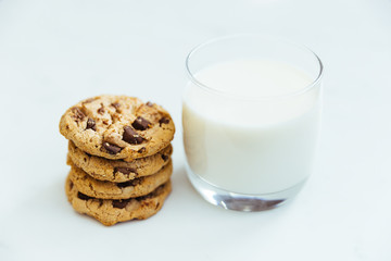 Chocolate chip cookies and glass of milk