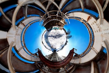 full 360 by 180 degree Panorama view abandon bridge near river with nice clouds