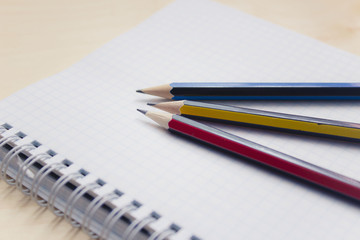 Open blank notebook on wood background with pencil.