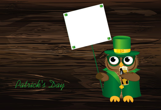 Happy owl with beer in a national costume and hat on St. Patrick