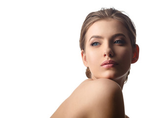 Young beautiful woman face portrait with healthy skin.
