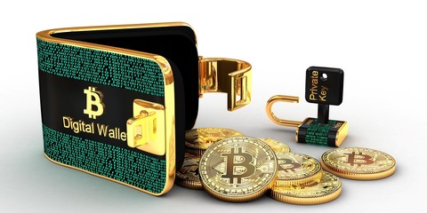 Bitcoins digital wallet  unlocked with coins and private key isolated on white background,3D illustration concept.