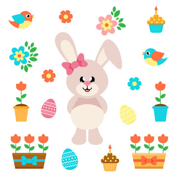 cartoon easter elements with bunny girl