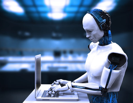3d rendering humanoid robot working on laptop computer
