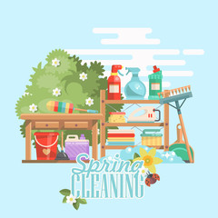Spring cleaning vector illustration in modern flat style. - 193583721