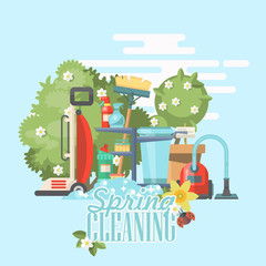 Spring cleaning vector illustration in modern flat style. - 193583737