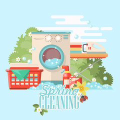 Spring cleaning vector illustration in modern flat style. - 193583753
