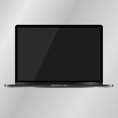 Realistic Laptop mockup Device with black Screen Isolated on grey Background. Notebook. Opened notebook/laptop