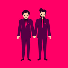 Homosexuality and homosexual couple of two gays - man and male are holding hands and stand together. Elegant love and romantic couple of lovers with same-sex sexual orientation.