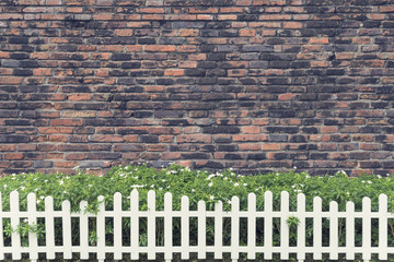 White fence decorated with green trees and old brick walls in background.