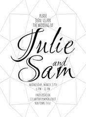 Black geometric diamond shape for wedding or birthday invitation on white background. Simple minimalistic design.