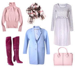Women's clothes collage isolated. Female clothing set collection.