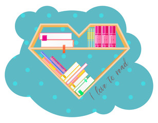 Bookshelves heart shaped with colorful books. Book Reading club. I love books. Home library with literature, vector illustration