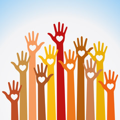 Fototapeta premium Red orange yellow colors colorful caring up hands hearts vector logo design element. Volunteers hands up with heart emblem icon for education, health care, medical, volunteer, vote