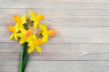 Daffodils flowers on wooden background 