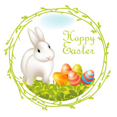 Happy Easter card with white bunny, painted eggs in the grass and wreath from twigs. Holiday colorful vector illustration isolated on white background, inscription