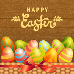 Happy Easter vector card with colored eggs in woven basket with ribbon and bow. Wooden background