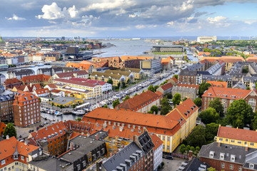 Naklejka na ściany i meble Denmark - Zealand region - Copenhagen city center - panoramic aerial view of the central Copenhagen and outskirts in the background