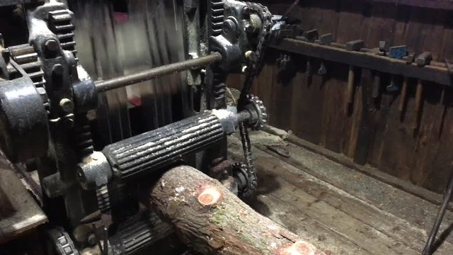 Sägemaschine sägt Baumstamm zu Bretter und Bohle
