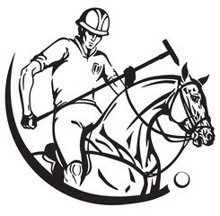 Equestrian polo player and pony horse. Sportsman sitting on horseback and holding a mallet stick. Equine sport emblem badge . Black and white vector illustration 