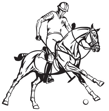 equestrian polo sport . Player riding a pony horse and holding a mallet stick to hit a ball .The  horse in gallop .Black and white vector illustration