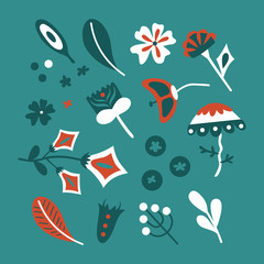 Vector set of hand drawn abstract flowers and plants