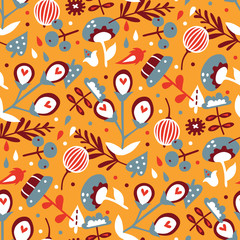 Vector seamless background pattern with abstract flowers and plants