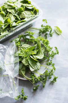 Spinach leaves and parsley on ceramic plate
